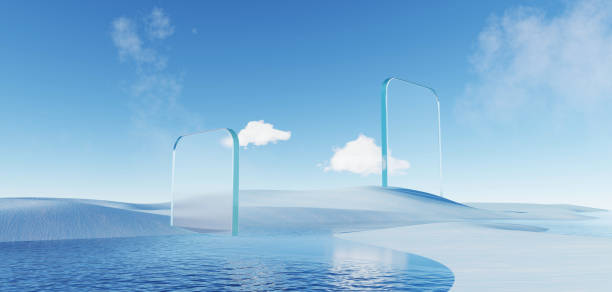 istock 3d Render, Abstract Surreal pastel landscape background with arches and podium for showing product, panoramic view, Colorful dune scene with copy space, blue sky and cloudy, Minimalist decor design 1662887295