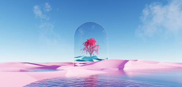 istock 3d render Surreal dune landscape background with alone tree, abstract fantastic desert dune in seasoning landscape environment, panoramic, futuristic scene with copy space, blue sky and cloudy 1662887306