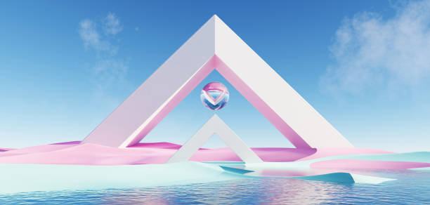 istock 3d Render, Abstract Surreal pastel landscape background with arches and podium for showing product, panoramic view, Colorful dune scene with copy space, blue sky and cloudy, Minimalist decor design 1662889039