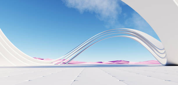 istock 3d Render, Abstract Surreal pastel landscape background with Architecture modern building and geometric arches, Colorful dune scene with copy space, blue sky and cloudy, Minimalist decor design 1662890069