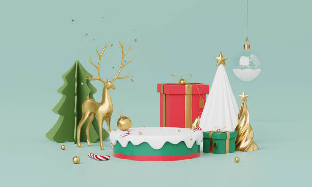 istock Christmas backgrounds with podium stage platform in minimal New year event theme. Merry Christmas scene for product display mock up banner. Empty stand pedestal decor in Xmas winter scene. 3D render. 1662890608