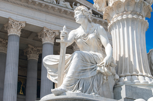 Vienna, Austria 31 Aug 2023. Pallas Athena Brunnen: Athena's Wisdom, The Majestic Fountain Outside the Austrian Parliament.
