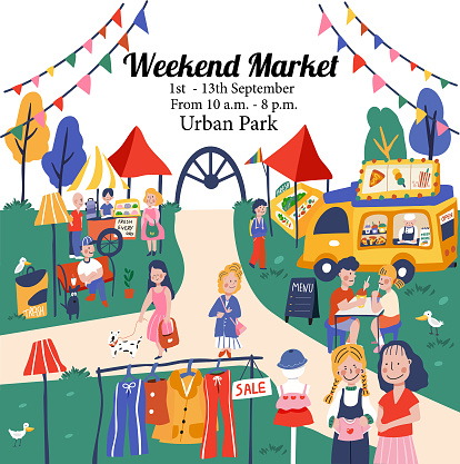 Weekend market or flea market in doodle style,  selling clothes, second-hand things, and foods, with cartoon character in colorful colors, all is illustration , vector.