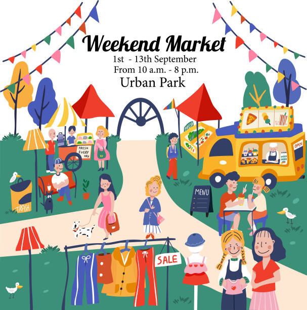 Doodle Weekend Market Weekend market or flea market in doodle style, selling clothes, second-hand things, and foods, with cartoon character in colorful colors, all is illustration , vector. fashion bazaar stock illustrations