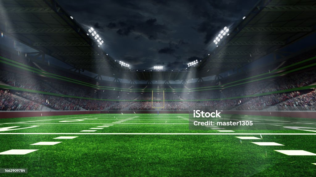 American football arena with yellow goal post, grass field and blurred fans at playground view. 3D render. Flashlights American football arena with yellow goal post, grass field and blurred fans at playground view. 3D render. Flashlights. Concept of outdoot sport, football, championship, match, game space American Football - Sport Stock Photo