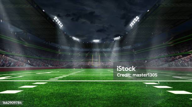 American Football Arena With Yellow Goal Post Grass Field And Blurred Fans At Playground View 3d Render Flashlights Stock Photo - Download Image Now