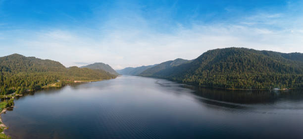 Aerial view on Teletskoye lake in Altai mountains, Siberia, Russia. Drone shot. Beauty summer day.