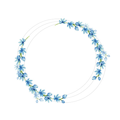 Watercolor blue flowers circle frame for invitaion, wedding, greetng card design isolated