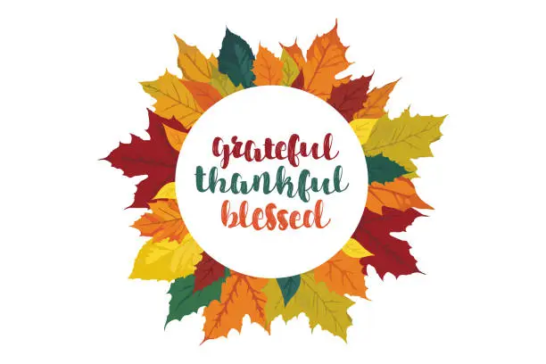Vector illustration of Grateful Thankful Blessed round frame. Fallen leaves of Autumn colors. Thanksgiving wreath banner on white background