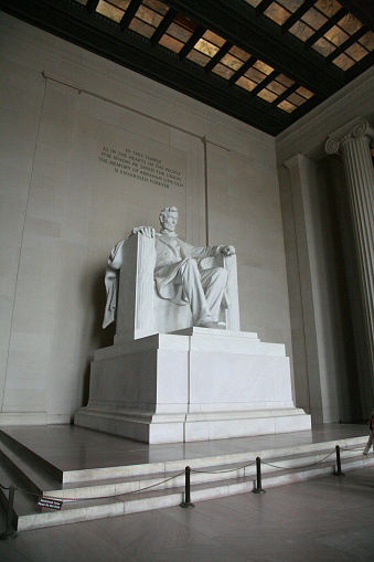 Washington D.C. Mall on foggy day. Lincoln Memorial, no crowds, monuments.