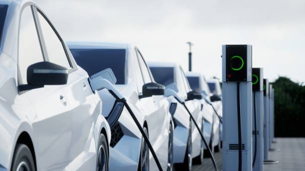 Generic electric car charging on a city streetThis image doesn`t contain any visible trademarked products, corporate identity, logos, or copyrighted elements.I am author of design of this car.I am author of 3d model of this car