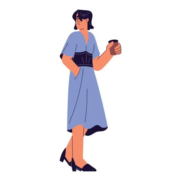 Vector illustration of Woman in sundress walking. Girl in dress looking back, hold paper cup in hand. Person wearing summer clothing, outfit in urban style standing. Flat isolated vector illustration on white background