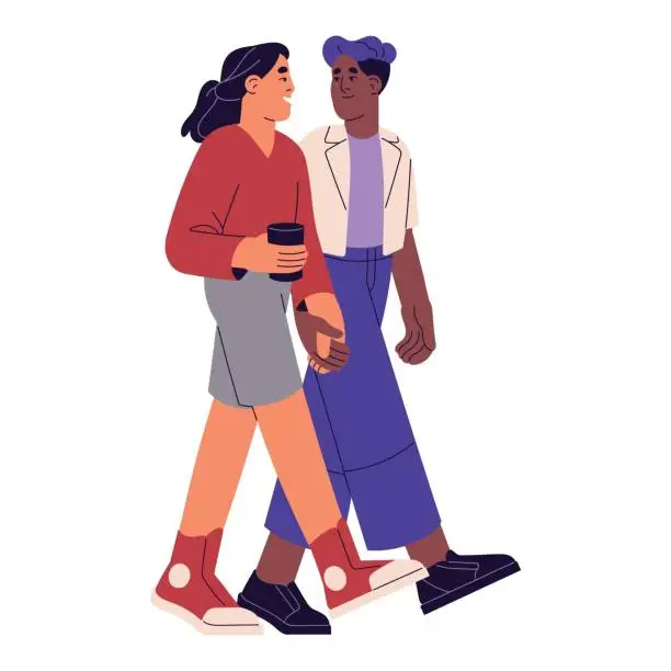 Vector illustration of LGBT couple walking, hold hands. Homosexual women spend time together. Lesbian partners talk on date. Romantic love in interracial relationship. Flat isolated vector illustration on white background