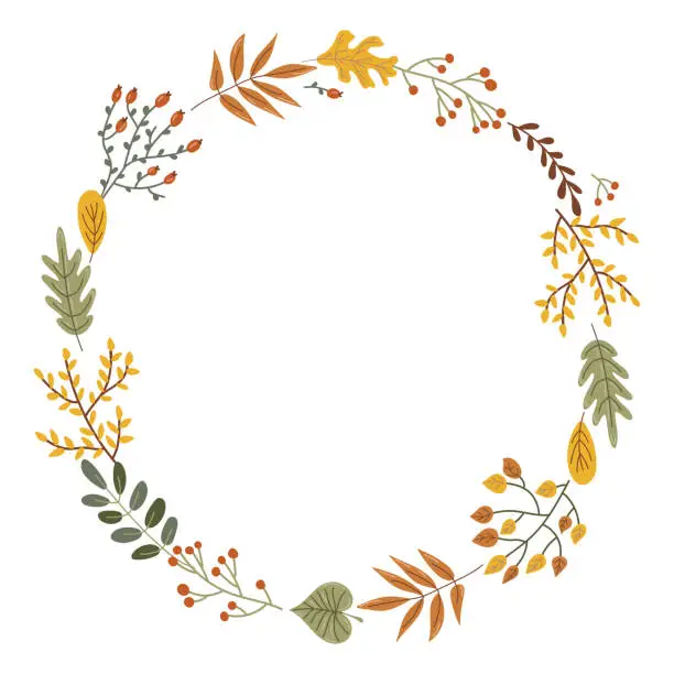 Vector illustration of Autumn round frame isolated on white background. Hand drawing. Vector illustration