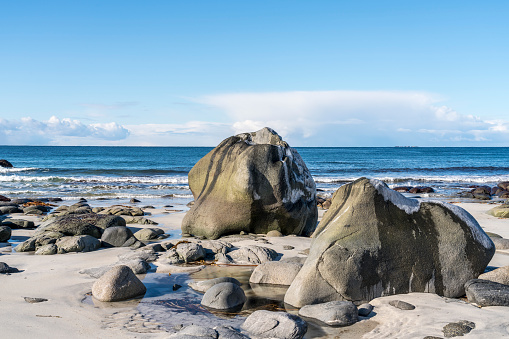 Utakleiv beach in sunny cold weather, winter, Steinsfjorden. Vestvagoya-Nordland fylke-Norway.