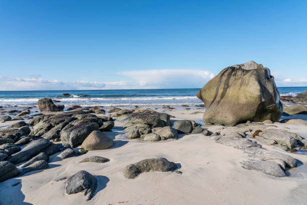 Utakleiv beach in sunny cold weather, winter, Steinsfjorden. Vestvagoya-Nordland fylke-Norway.