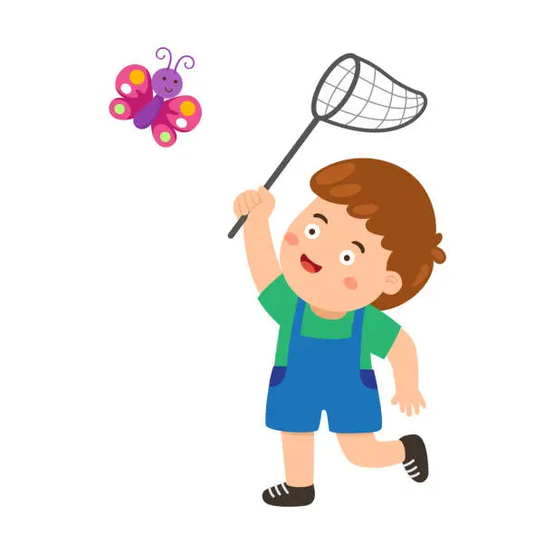 Vector illustration of happy cute kid boy catch bug vector