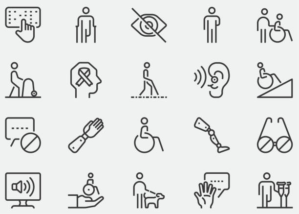 Disability line icon. ADA, wheelchair, Aphasia, accessibility, blind, broken leg, disabled, assistance, deafness, Mental Disability, Mental Retardation, unsee, diversity inclusion, Disabled people vector art illustration