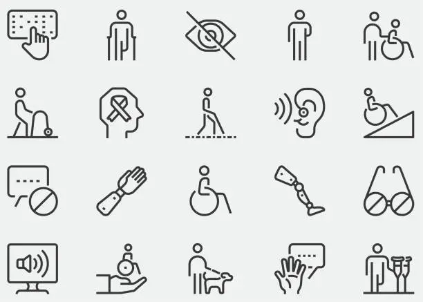 Vector illustration of Disability line icon. ADA, wheelchair, Aphasia, accessibility, blind, broken leg, disabled, assistance, deafness, Mental Disability, Mental Retardation, unsee, diversity inclusion, Disabled people