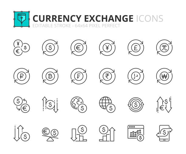 einfacher satz von umrisssymbolen zum währungsumtausch - swiss currency dollar sign exchange rate symbol stock-grafiken, -clipart, -cartoons und -symbole