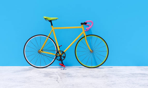 istock Bicycle colorful fixed gear on blue wall and white cement floor. 3D rendering 1662967534