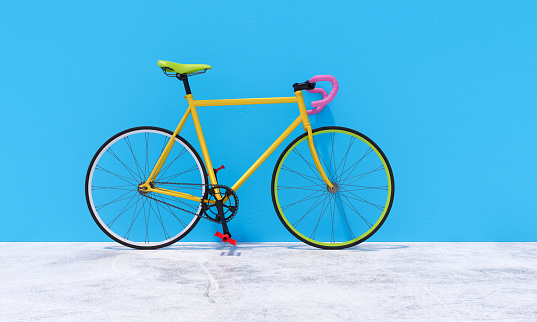 Bicycle colorful fixed gear on blue wall and white cement floor. 3D rendering