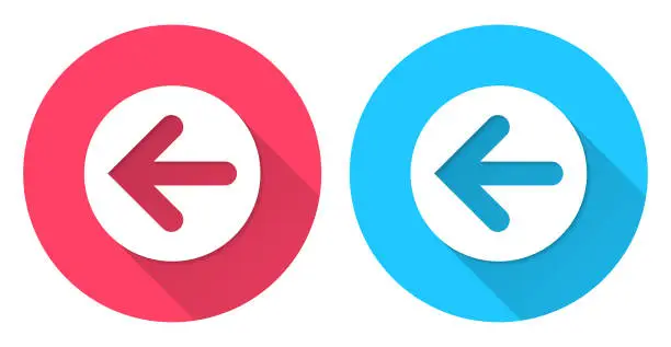 Vector illustration of Left arrow button. Round icon with long shadow on red or blue background