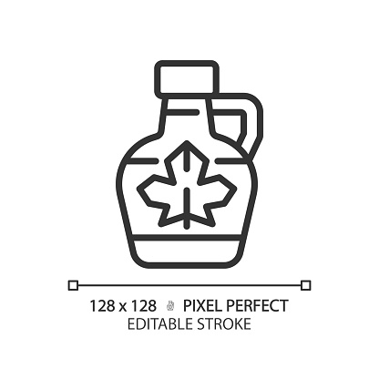 2D pixel perfect editable black maple syrup icon, isolated vector, thin line illustration representing allergen free.
