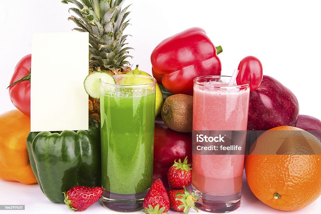 Healthy, Fresh Juices, Fruits and Vegetables colorful juice and blank note isolated on white background Blank Stock Photo