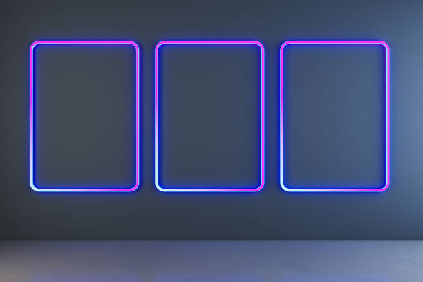 Modern dark neon blue gallery interior with mock up frames on concrete wall. Future concept. 3D Rendering
