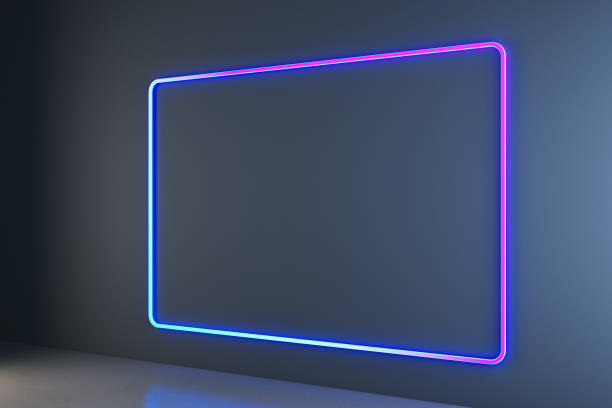 istock Clean dark neon blue gallery interior with mock up frames on concrete wall. Future concept. 3D Rendering. 1662982804
