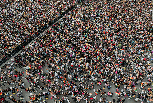 Aerial shot of people walking on the gay pride parade