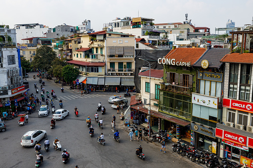 Hanoi, Bac Bo, Vietnam - November 25, 2019: The city center and chaos traffic of Hanoi in Vietnam