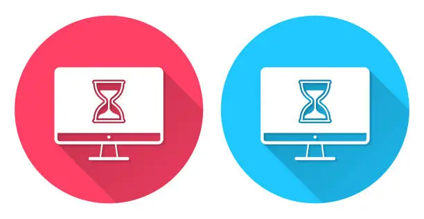 Vector illustration of Desktop computer with hourglass. Round icon with long shadow on red or blue background