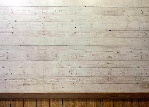 White wood grain board wall, dark brown wood grain bottom, space for text, announcement
