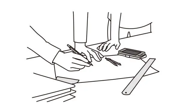 Vector illustration of At the hands of an architect drafting a house