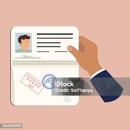 istock Hand Holding a Regular Passport with immigration stamps on one of pages. Opened international passport. Personal data page with man photo. 1663001299
