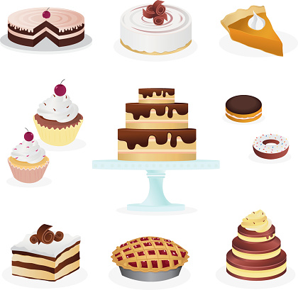 Modern and beautiful array of different sweets, treats & desserts, which consist of 10 cute icons representing doughnuts, cheese cake, chocolate cake, lemon ganache cake, cupcakes, tiramisu, cherry pie, & pumpkin pie