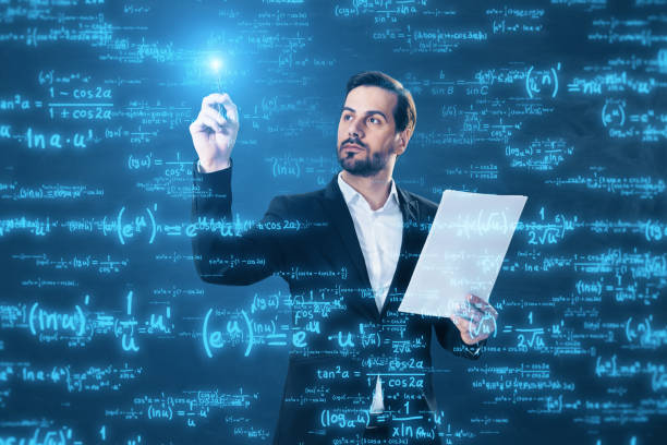 istock Front view of young european businessman with document in hand using glowing digital math formulas hologram on blurry background. Ai and statistics, education concept. 1663004553