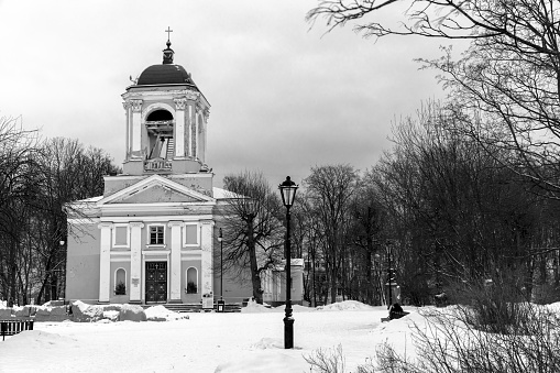 Church of Saints Peter and Paul on a winter day. It is the only Lutheran church in Vyborg that has survived to this day. Black and white photo