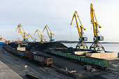 Coal terminal Vyborg. Cranes and railway cars