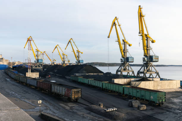 terminal węglowy w wyborgu. dźwigi i wagony kolejowe - coal crane transportation cargo container zdjęcia i obrazy z banku zdjęć
