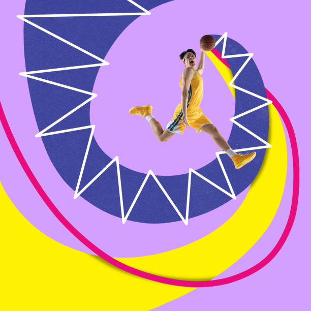 istock Contemporary art collage. Young professional basketball player in action, motion over vivid background with colorful abstract drawings. 1663008982