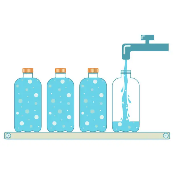 Vector illustration of Conveyor for filling plastic bottles with mineral water.