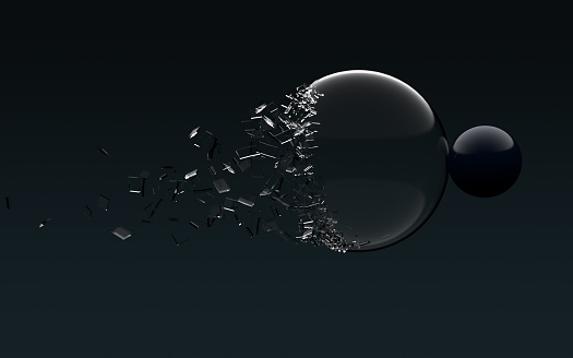 3D render, broken glass sphere, black background