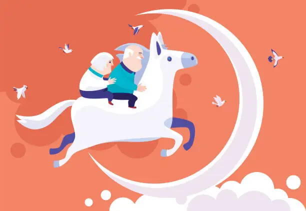 Vector illustration of senior couple riding horse and jumping over moon