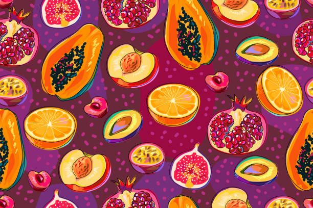 부르고뉴 배경에 과일의 반쪽이 있는 매끄러운 패턴. 파파야, 오렌지 과일, 체리, 자두, 복숭아, 석류, 무화과, 패션 프루트. 밝은 인쇄. 만화. 벡터. - peach dark peaches backgrounds stock illustrations