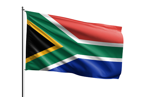South Africa flag waving isolated on white background with clipping path. flag frame with empty space for your text.