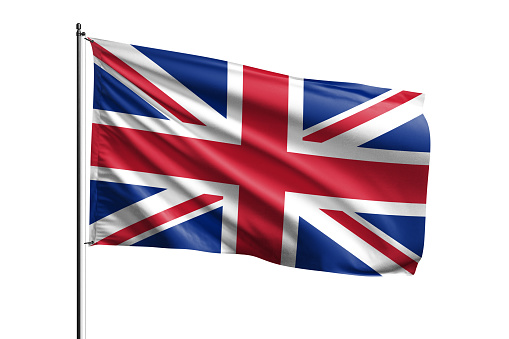 United Kingdom flag waving isolated on white background with clipping path. flag frame with empty space for your text.