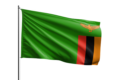 South African flag flies in a strong wind on a pure white background.
